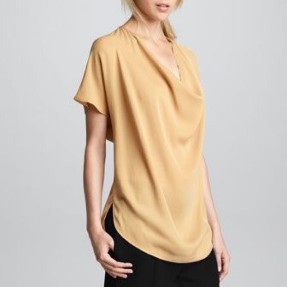 Vince Silk Cowl Neck Cap Sleeve Blouse Mustard Yellow Medium
